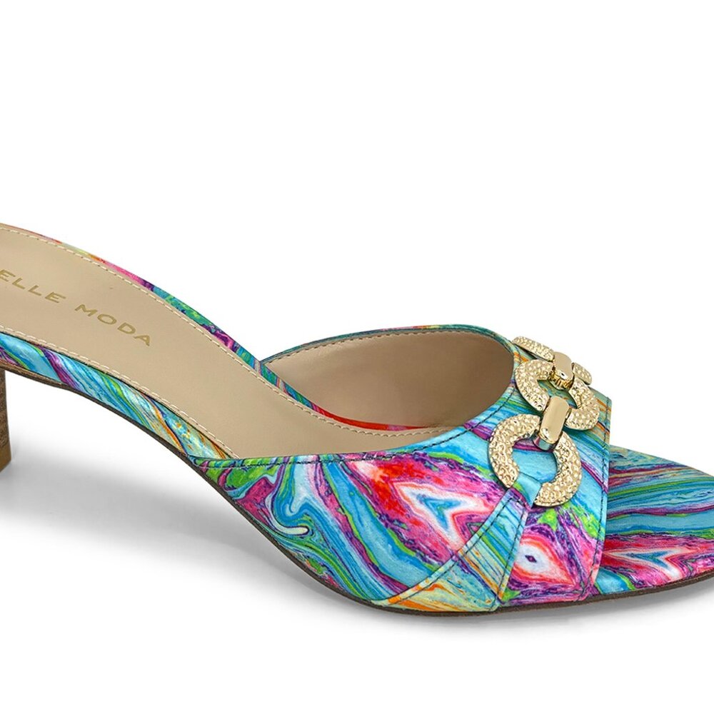 Pelle Moda Multicolor Swirl Open-Toe Mules with Gold Accent
